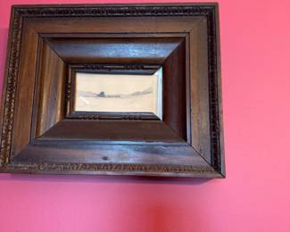Carved Walnut Picture Frame with Original Watercolor Landscape