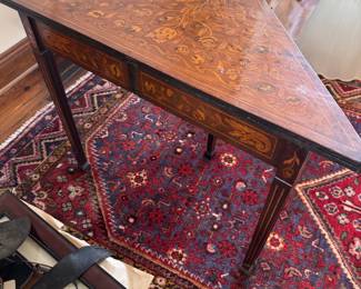 Triangular Inlaid Table with Floral Motif and Two Drawers