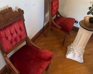 Victorian Walnut Parlor Chairs – Pair in Tufted Red Velvet - Fluted Corinthian Column Pedestal