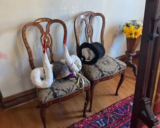 Antique Italian Inlaid Side Chairs – Pair of Floral Marquetry & Damask Seats