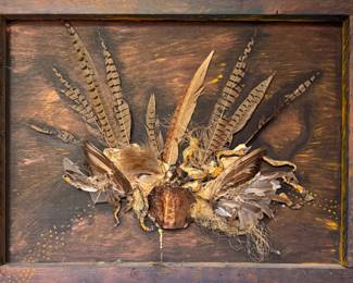 Mixed Media Assemblage on Wood Panel — Feathers, Snake Skin & Copper