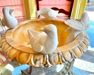 $800 - Carved Marble Bird Bath Bowl Doves Sculpture Hand Carved Stone Centerpiece Garden Decor