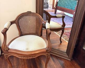 $750 - French Louis XV Style Cane Back Armchair, Carved Walnut Bergere Chair with Upholstered Seat
