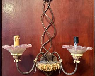 Italian Florentine Twisted Iron 2-Light Sconce with Pink Ruffled Glass