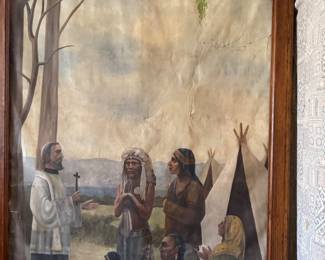 Framed Painting of Native American Gathering with Missionary, Early 20th Century