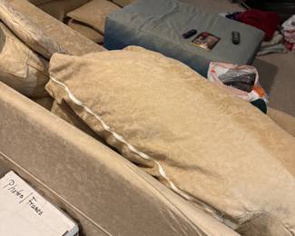 Textured Beige Upholstered Sofa with Floral Pattern and Pillows