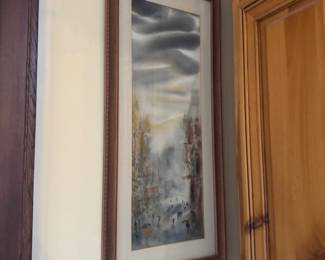 Original Mid-Century Watercolor: Rainy City Street Scene - Impressionist Urban Landscape