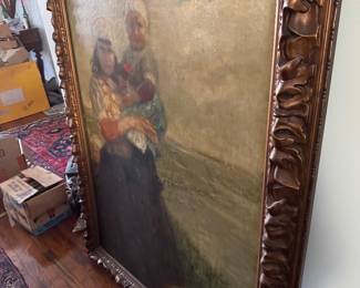 Large 19th Century Portrait of Two Women in Ornate Gilded Frame