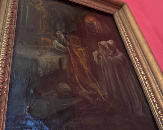 Oil Painting of Monks in Monastery with Ornate Frame