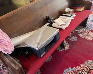 Antique Victorian Oak Church Pew – Red Upholstered Congregational Bench