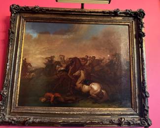 19th Century Oil Painting of Cavalry Battle Scene in Ornate Frame