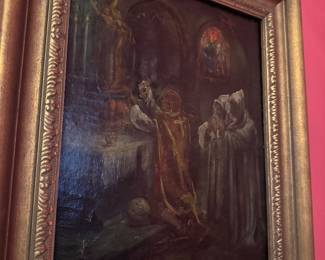 19th Century Oil Painting of Monks in a Dark Monastery Scene