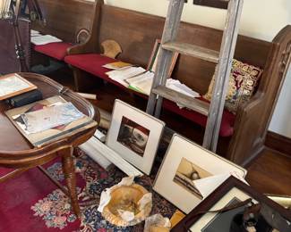 Wooden Bench with Red Upholstery and Stained Glass Windows