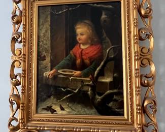 In the style of Alfred Stevens - Lady at a Window Feeding Birds" (c. 1859)