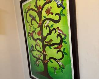 Whimsical Tree of Birds Watercolor Art in Brown Frame