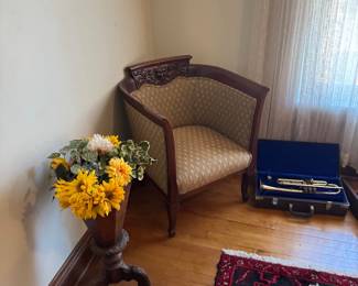 Victorian Mahogany Barrel Back Chair – Hand-Carved Green Man Motif - Antique North Persian Sarouk Rug – Hand-Knotted Wool Runner