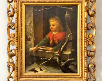 $800 - Romantic Child Feeding Birds Painting, Ornate Gilt Frame, Decorative Oil Artwork