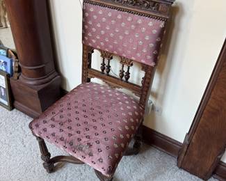 Intricately Carved Victorian Side Chair with Floral Upholstery