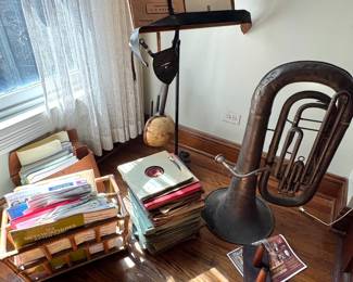 Patinated Brass Baritone Horn and Musician's Sheet Music Lot