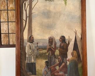 Monumental Early 20th Century Oil Painting – Missionary Scene (59w x 101h)