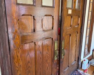 Stately Pair of Antique Quarter-Sawn Oak Pocket Doors – Craftsman Style with Original Brass Hardware