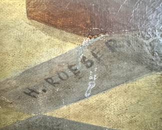 Oil Painting by H. Roeser, European Genre Family Scene, Ornate Gilt Frame c.1900