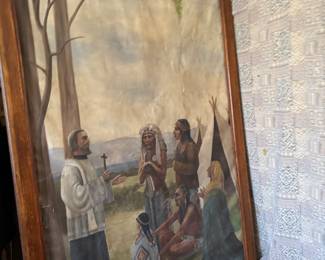 Large Framed Historical Scene Painting of Native American Figures