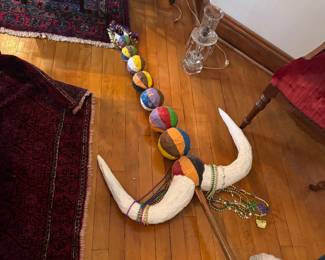 Folk Art Papier-Mâché Staff – Colorful Tribal Horn Mask & Beads