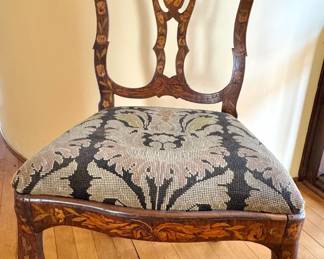$750 each - Inlaid Walnut Side Chair Floral Marquetry Queen Anne Style Accent Chair
