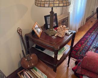 Antique Slag Glass Tiffany-Style Lamp – Vintage African Gimbri/Ngoni – Hand-Carved Folk Instrument