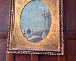 Ornate Gold Framed Italian Landscape Painting with Pillar and Figures
