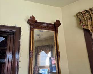 Carved Oak Wall Mirror with Gold Accents, Victorian Style, 19th Century