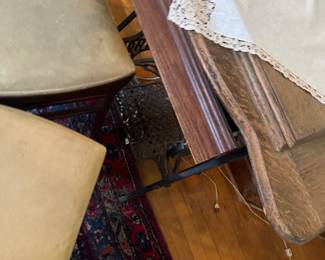 Rustic Wood Console Table with Wrought Iron Base and Velvet Chairs