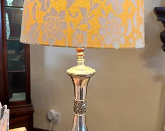 Silver-Plated Repoussé Baluster Table Lamp with Yellow Damask Shade
