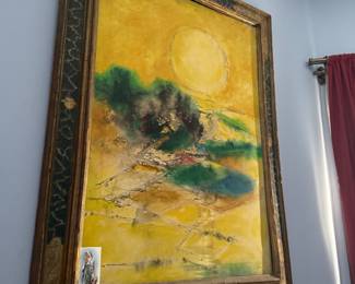 Framed Abstract Landscape Painting with Sun and Greenery