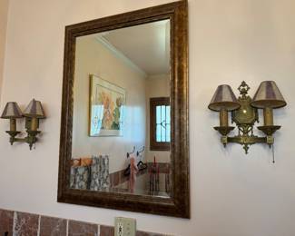 Decorative Mirror - Elegant Wall-Mounted Brass Sconces with Fabric Shades