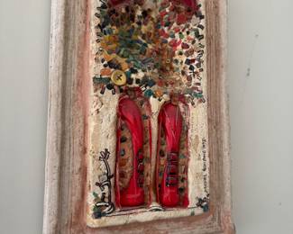 Mixed Media Wall Art with Red Shoes and Colorful Mosaic Elements