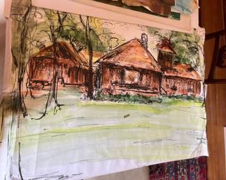 Mixed Media and Ink Wash Sketch — Rustic House in Landscape