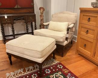 2 French Country Bergère Chair and  1 Ottoman with Textured Fabric 