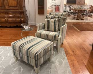 **Transitional Striped Armchair & Ottoman Set - Distressed Paint Finish