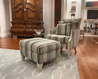 Transitional Striped Armchair & Ottoman Set - Distressed Paint Finish