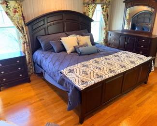 Dark Wood Panel Queen bed, dresser and nightstand