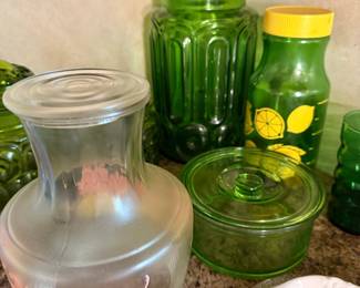 Vintage Green Glass Collection with Frosted Floral Pitcher