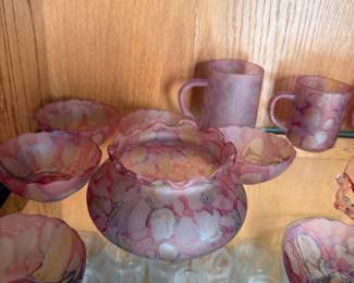 Israeli Art Glass Pink Watercolor Bud Vases and Bowls