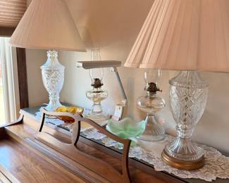 Pair of Cut Crystal Table Lamps with Electrified Oil Lamp Bases