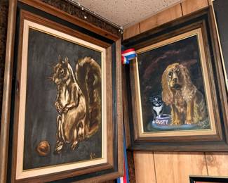 Original Oil Paintings of a Squirrel and a Dog with a Cat