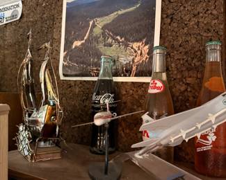 Vintage Metal Sailboat and Aircraft Models with Coca-Cola and Rebol Bottles