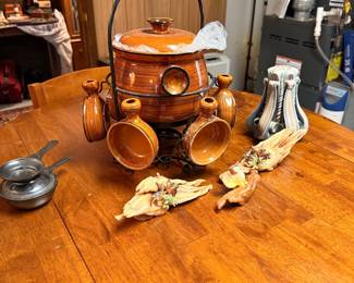 Vintage Ceramic Fondue Pot Set with Cups