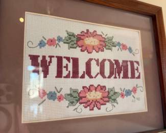 Framed "Welcome" Cross-Stitch Sampler