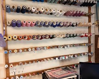 Assorted Spool Thread Collection with Wooden Rack